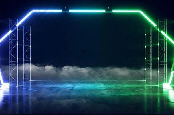 烟霓虹灯激光门网络未来主义的sci绿色蓝色的潘通色卡发光的灯行建设阶段隧道走廊虚拟现实俱乐部跳舞