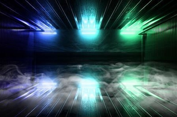烟激光霓虹灯工作室领导蓝色的绿色经典光潘通色卡颜色未来主义的sci网络发光的灯仓库车库地下停车房间