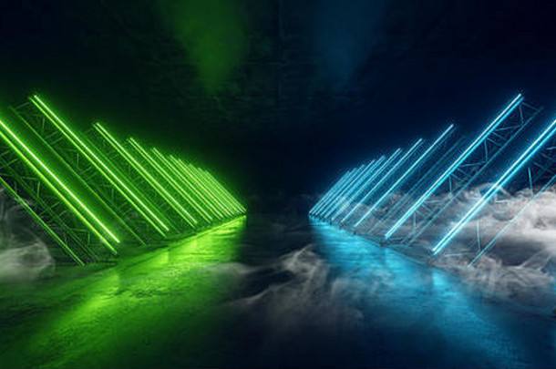 烟sci三角形绿色<strong>蓝色</strong>的霓虹灯激光拱梁建设阶段混凝土难看的东西黑暗空讲台上虚拟未来主义的未来晚上显示任
