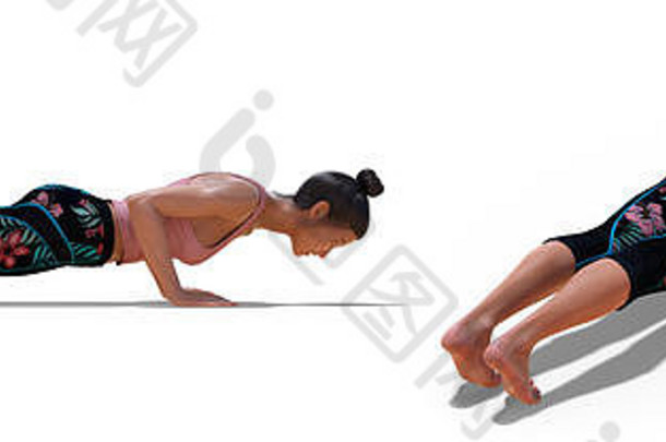 回来四分之三配置文件提出了女人瑜伽低板材构成白色背景