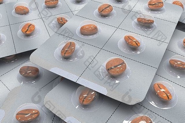 咖啡豆子药片咖啡胶囊平板电脑泡包有创意的概念渲染插图