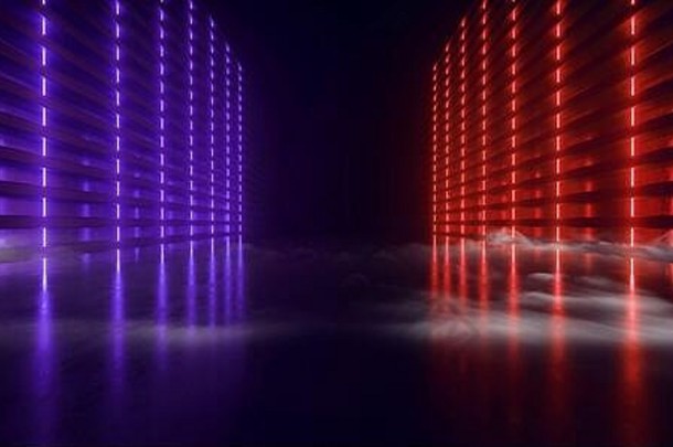 烟雾霓虹灯网络红色的蓝色的发光的黑暗隧道地下sci未来主义的隧道走廊宇宙飞船现代领导灯混凝土地板上晚上