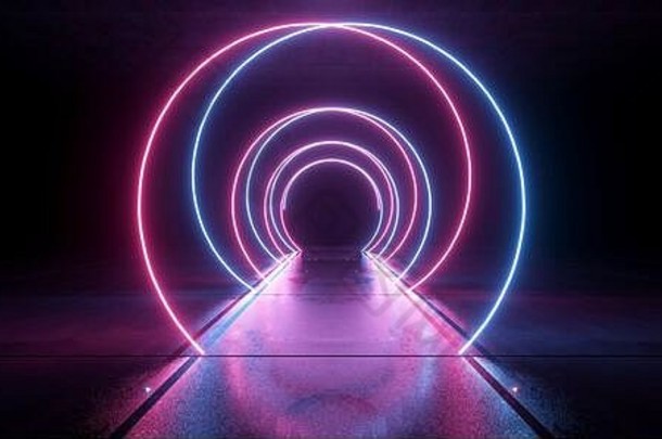 霓虹灯发光的sci网络synth波紫色的蓝色的螺旋发光的混凝土难看的东西地下地板上展厅走廊车库隧道空间船renderi
