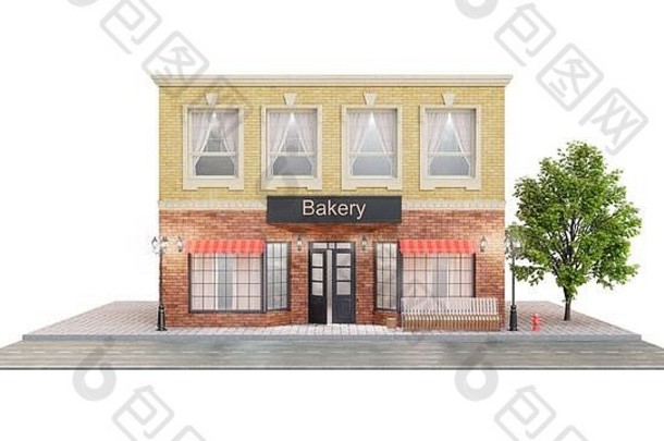 面包店商店美味的糕点外建筑路白色背景视图街板凳上垃圾本