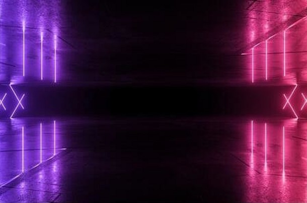 霓虹灯发光的sci发光的紫色的蓝色的未来主义的激光梁跳跃黑暗难看的东西混凝土平铺的地板上晚上阶段展厅车库仓库中青文