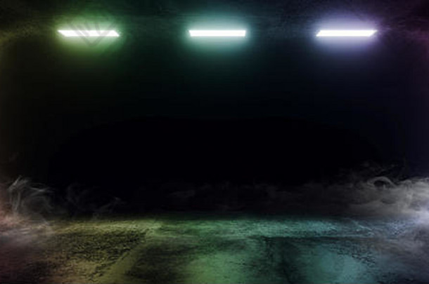 黑暗霓虹灯发光的彩虹激光领导烟雾蒸汽雾椭圆形隧道走廊车库走廊地下网络虚拟空sci未来主义的使得