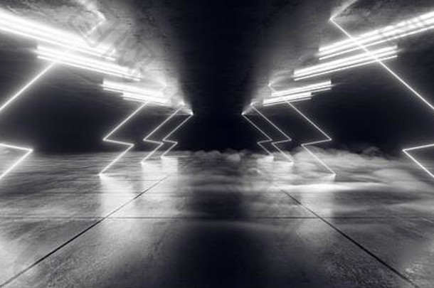烟sci未来主义的弧门霓虹灯激光白色现代外星人时尚跳舞俱乐部展厅车库隧道走廊混凝土网络地下渲染
