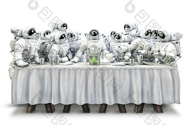 晚餐空间插图有趣的超现实主义的科学小说场景宇航员聚集餐厅表格