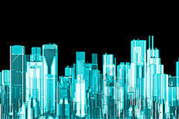 全息图城市全景渲染发光的全息视图现代城市