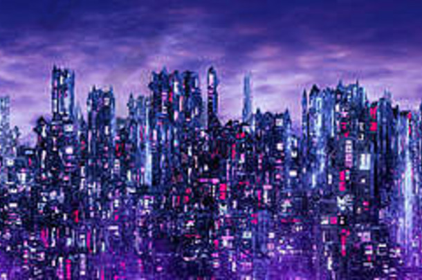 科学小说霓虹灯城市晚上全景插图黑暗未来主义的科幻城市基斯枯萎病霓虹灯灯