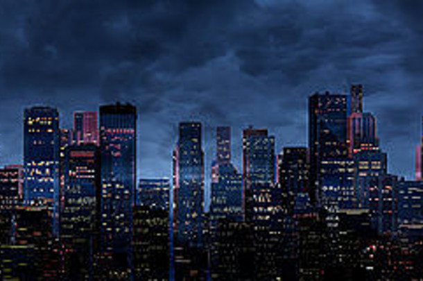 渲染晚上时间现代城市风暴云