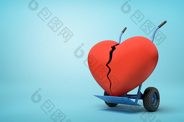 呈现破碎的大红色的心手卡车蓝色的背景