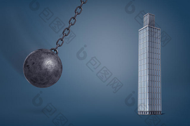 呈现巨大的铁破坏球波动链方向高玻璃摩天大楼