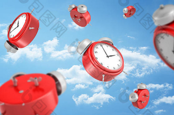 呈现红色的轮复古的报警时钟下降背景蓝色的天空白色云
