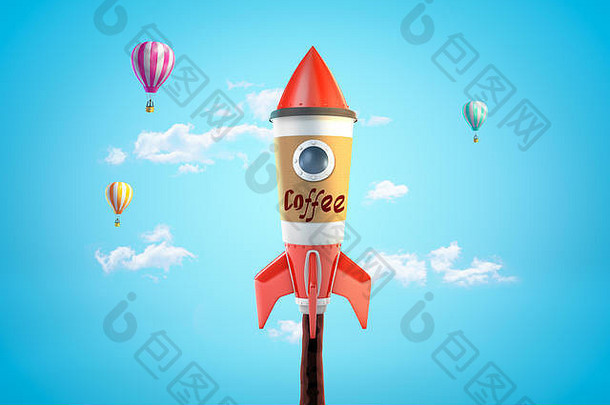 呈现玩具火箭使咖啡杯蓝色的天空热空气气球背景