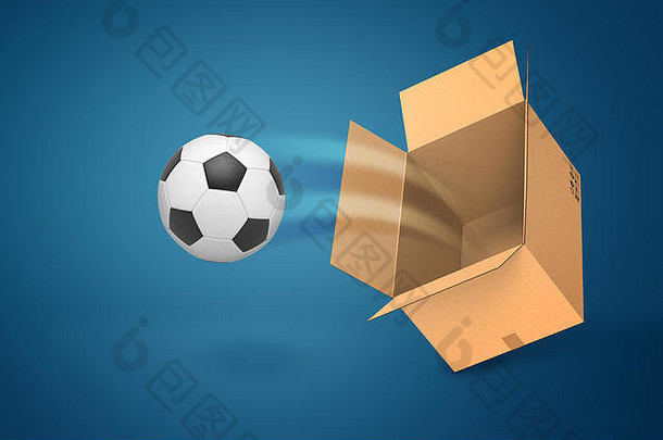 呈现足球球飞行纸箱盒子蓝色的背景