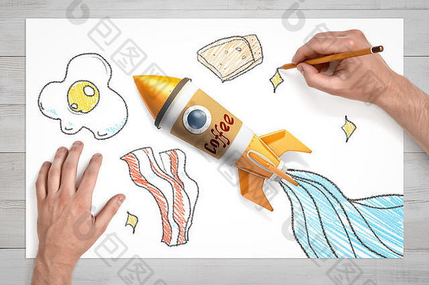 视图手画面包鸡蛋培根白色表纸玩具火箭使咖啡杯中心