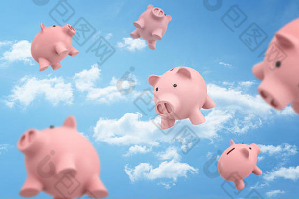 呈现粉红色的小<strong>猪</strong>银行飞行自由蓝色的多云的天空背景
