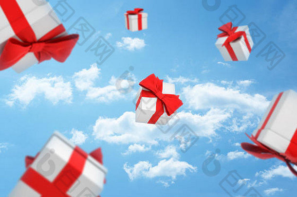 渲染白色礼物盒子红色的弓下降天空云