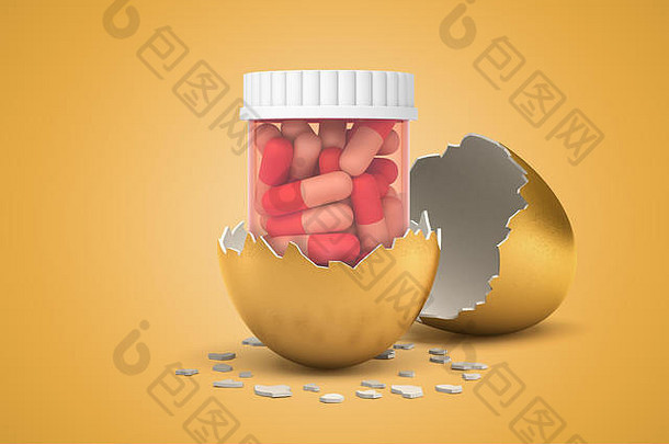 呈现医疗药片塑料Jar孵化金蛋黄色的背景
