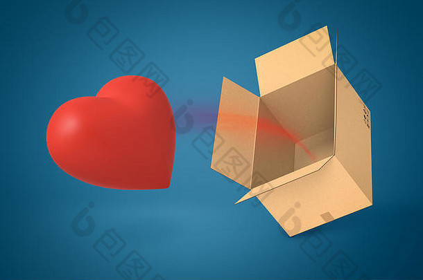 呈现红色的情人节心飞行棕色（的）纸板盒子蓝色的背景