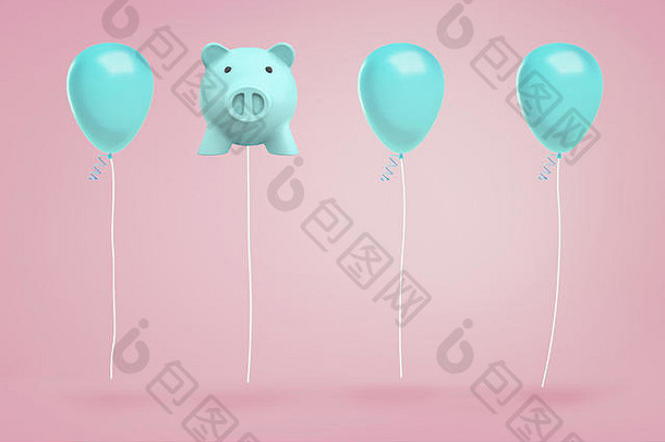呈现蓝色的小猪银行挂字符串气球真正的节日气球粉红色的背景