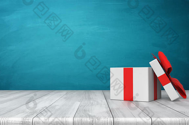 呈现开放白色礼物盒子红色的弓站木桌子上前面蓝色的背景