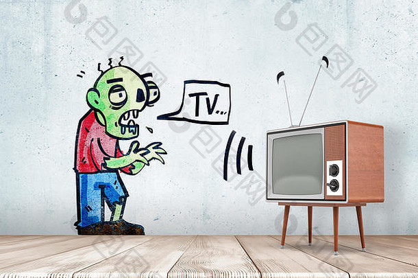 呈现房间复古的集画绿色僵尸墙发出词“电视”演讲泡沫