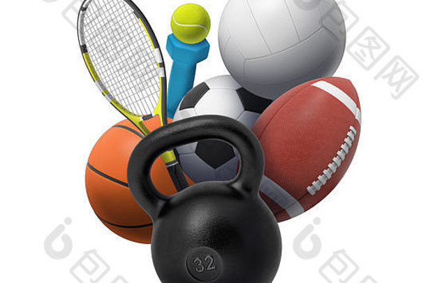 呈现集合体育运动健身设备哑铃壶铃网球齿轮团队体育运动球