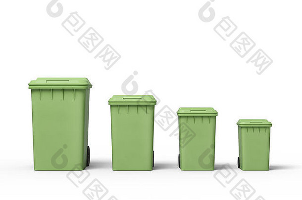 呈现绿色垃圾罐行大小最大的最小的