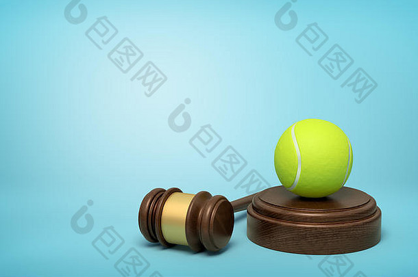呈现黄色的网球球轮木块棕色（的）木槌子蓝色的背景