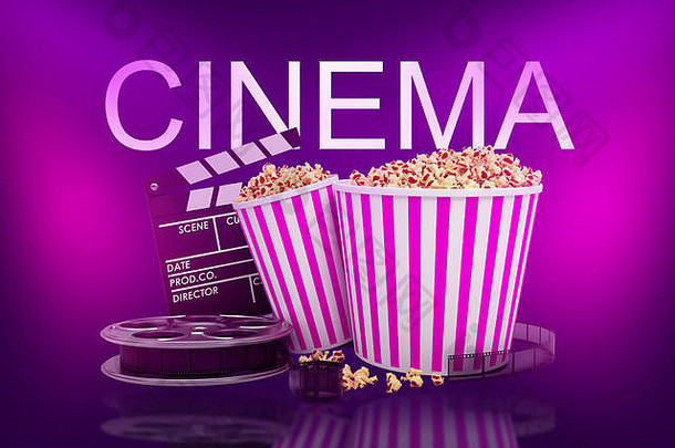 呈现爆米花桶电影卷电影克拉珀电影标志霓虹灯粉红色的背景