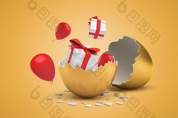 呈现破碎的金蛋giftboxes你气球孵出蛋飞行