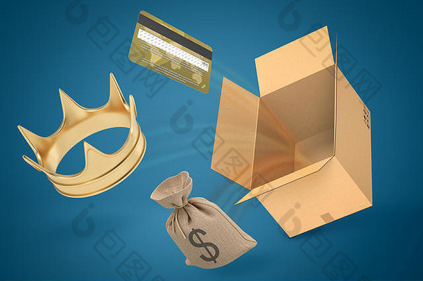 呈现黄金皇冠信贷卡帆布钱袋空棕色（的）纸板盒子蓝色的梯度背景