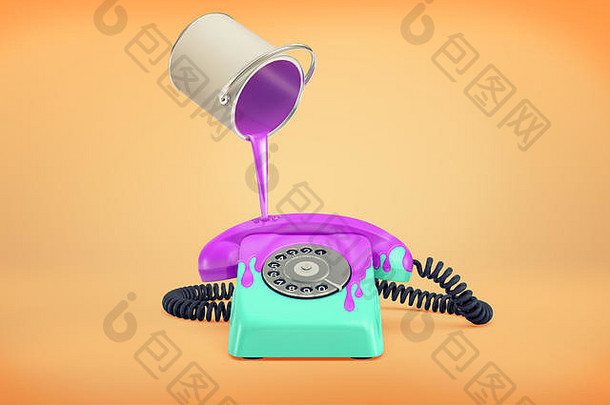 呈现蓝色的复古的旋转电话站橙色背景紫色的油漆泄漏
