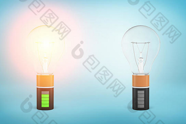 呈现发光的光灯泡连接完整的电池非工作灯泡连接空电池