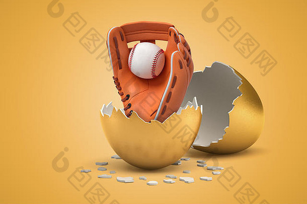 特写镜头呈现棒球手套球孵出金蛋