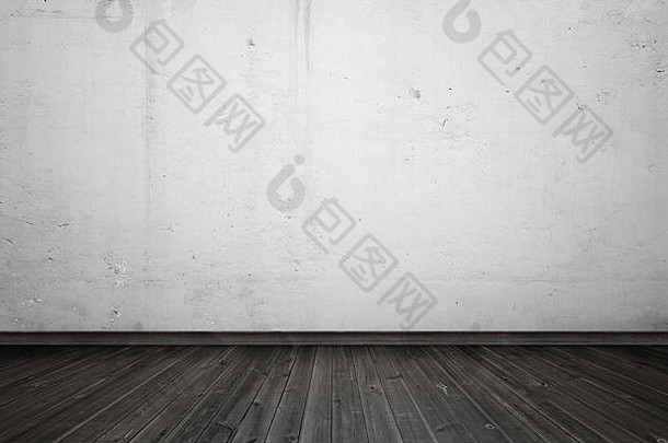 空室内设计白色混凝土墙黑色的木地板上