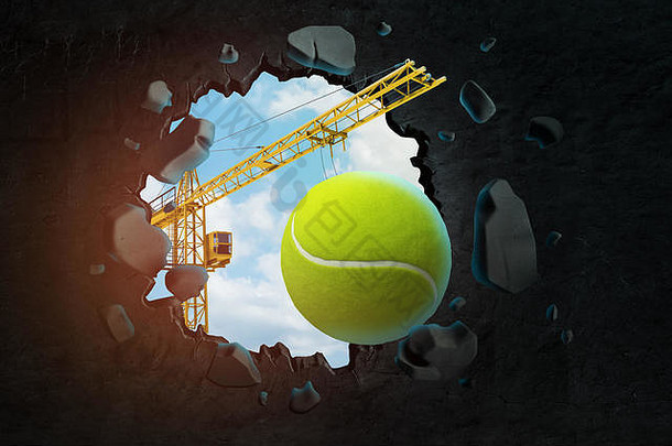 呈现起重起重机携带网球球打破洞黑色的<strong>墙</strong>蓝色的天空