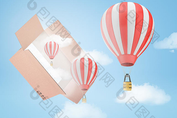 呈现条纹热空气气球白色云飞行大纸板盒子蓝色的天空