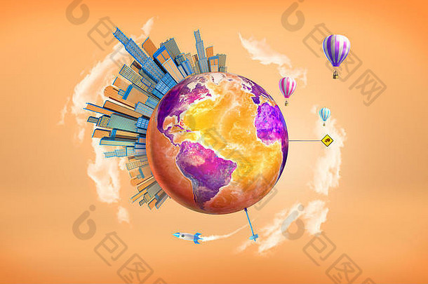 呈现橙色紫色的地球全球大摩天大楼表面热空气气球火箭飞行