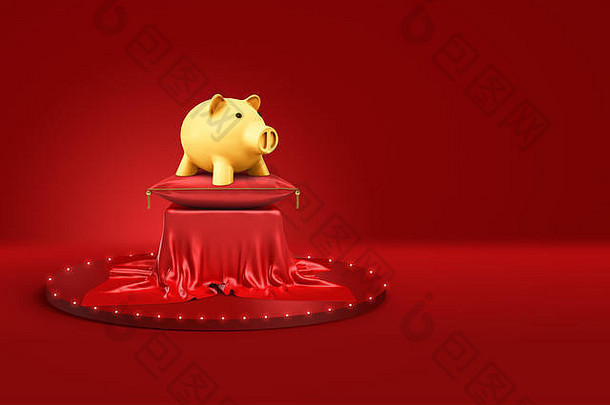 呈现金小猪银行红色的缓冲基座覆盖红色的布红色的背景