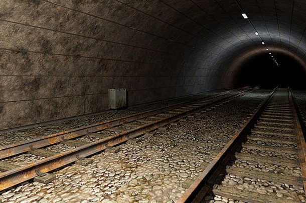 铁路火车隧道双跟踪黑暗底灯内部