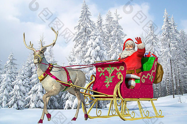 圣诞老人老人开车雪橇驯鹿雪地面雪森林背景