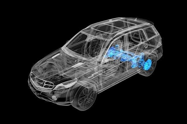 技术插图运动型多功能车车x射线效果后刹车悬架系统的角度来看视图黑色的背景