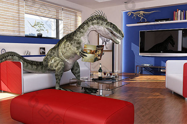 现代生活房间兽脚亚目食肉恐龙恐龙坐着沙发阅读恐龙书数字呈现