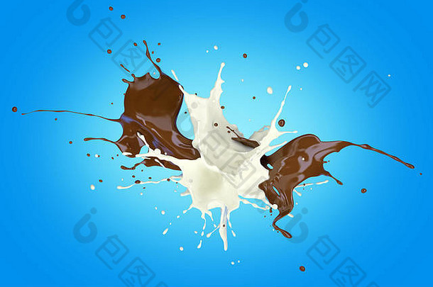 牛奶巧克力油漆溅空气蓝色的背景剪裁路径包括
