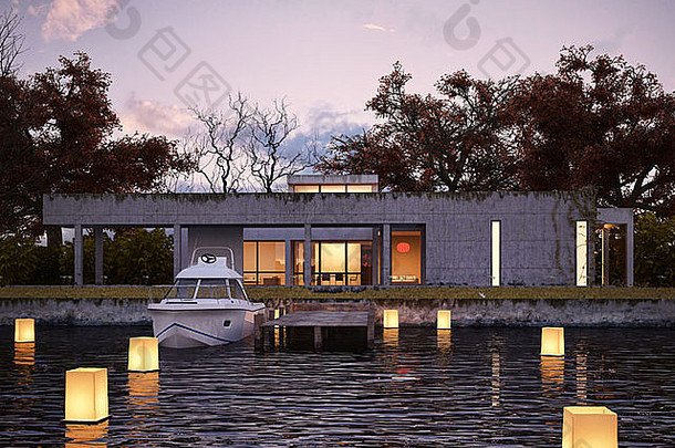 奢侈品现代房子水日落私人同行游艇发光的灯浮动水给空间大气