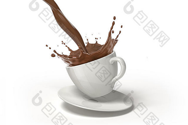白色杯飞碟液体巧克力对于飞溅孤立的白色背景剪裁路径包括