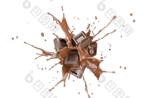 巧克力块溅液体巧克力飞溅破裂空气孤立的白色背景